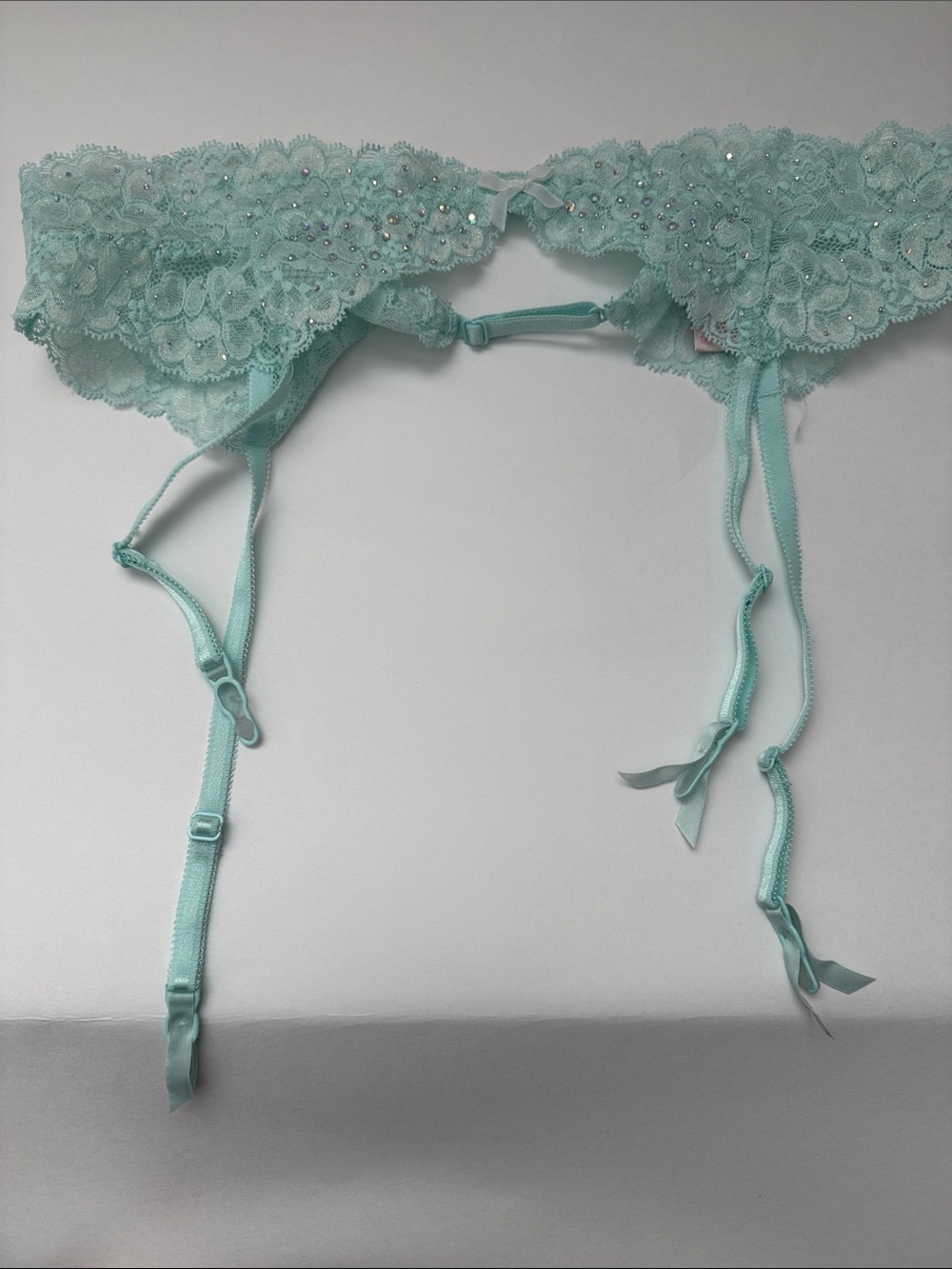 Victoria's Secret Seafoam Lace Garter Belt with Rhinestone Accents